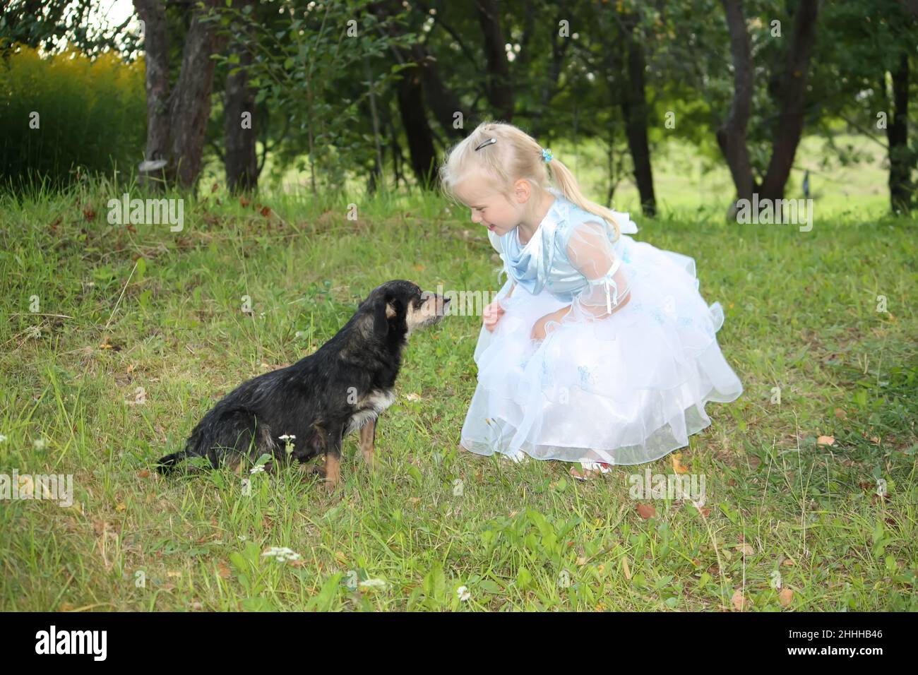 A little blonde girl with a dog in the summer garden Stock Photo - Alamy