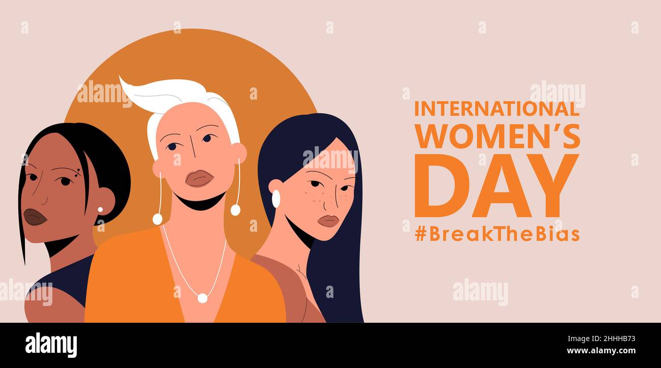 Horizontal poster with a group of women of different ethnic group. International womens day. 8th
