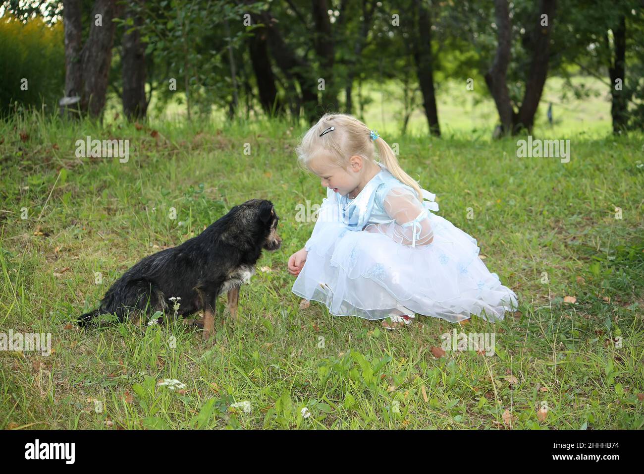 A little blonde girl with a dog in the summer garden Stock Photo - Alamy