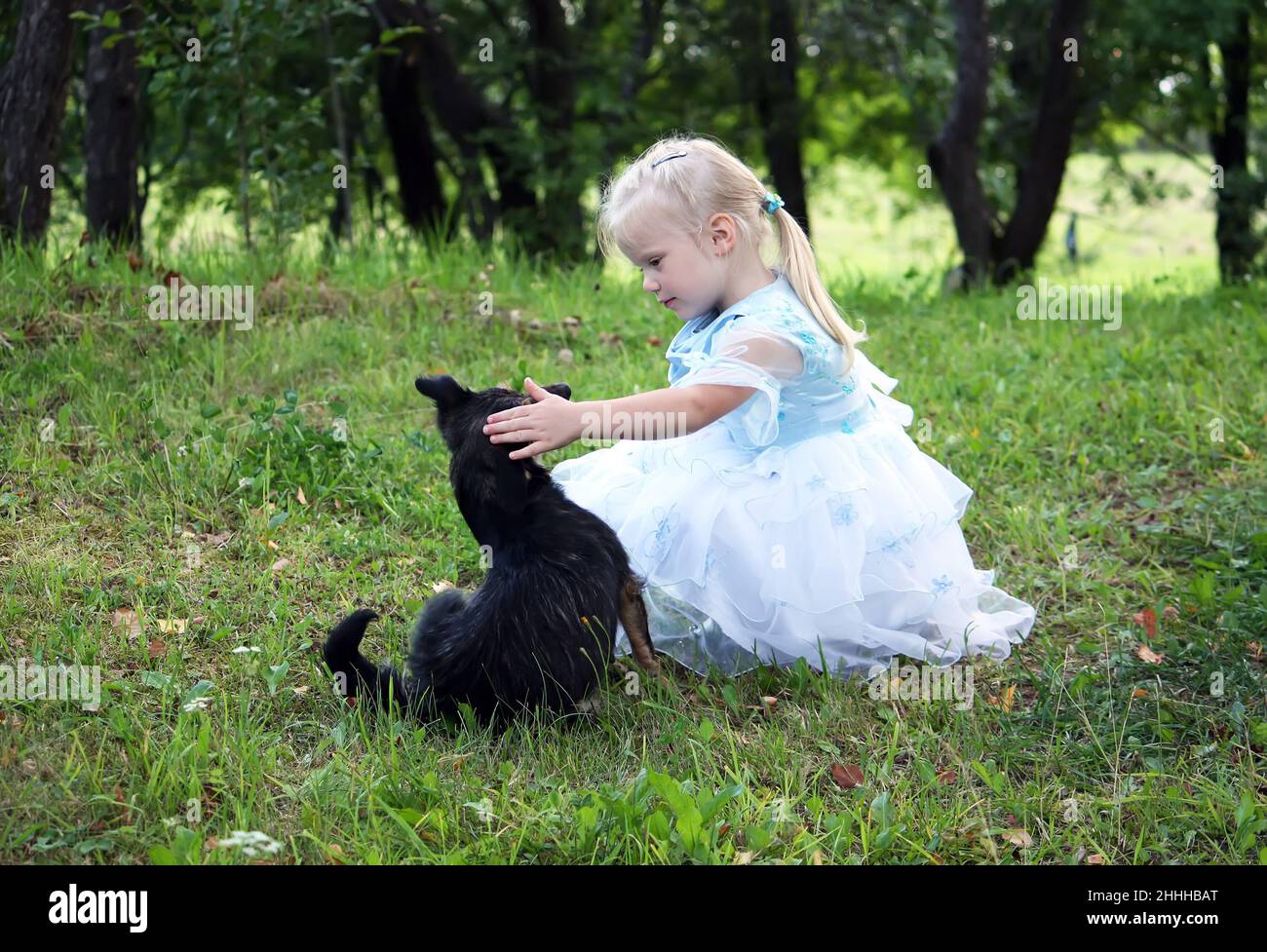 A little blonde girl with a dog in the summer garden Stock Photo - Alamy