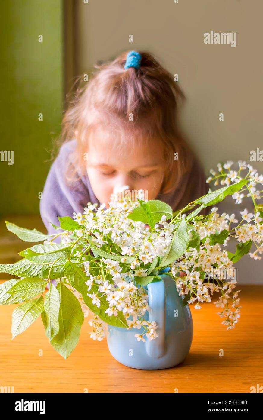 Adorable Little Girl With Bouquet Of Bird Cherry Branches With Fragrant adorable-little-girl-with-bouquet-of-bird-cherry-branches-with-fragrant