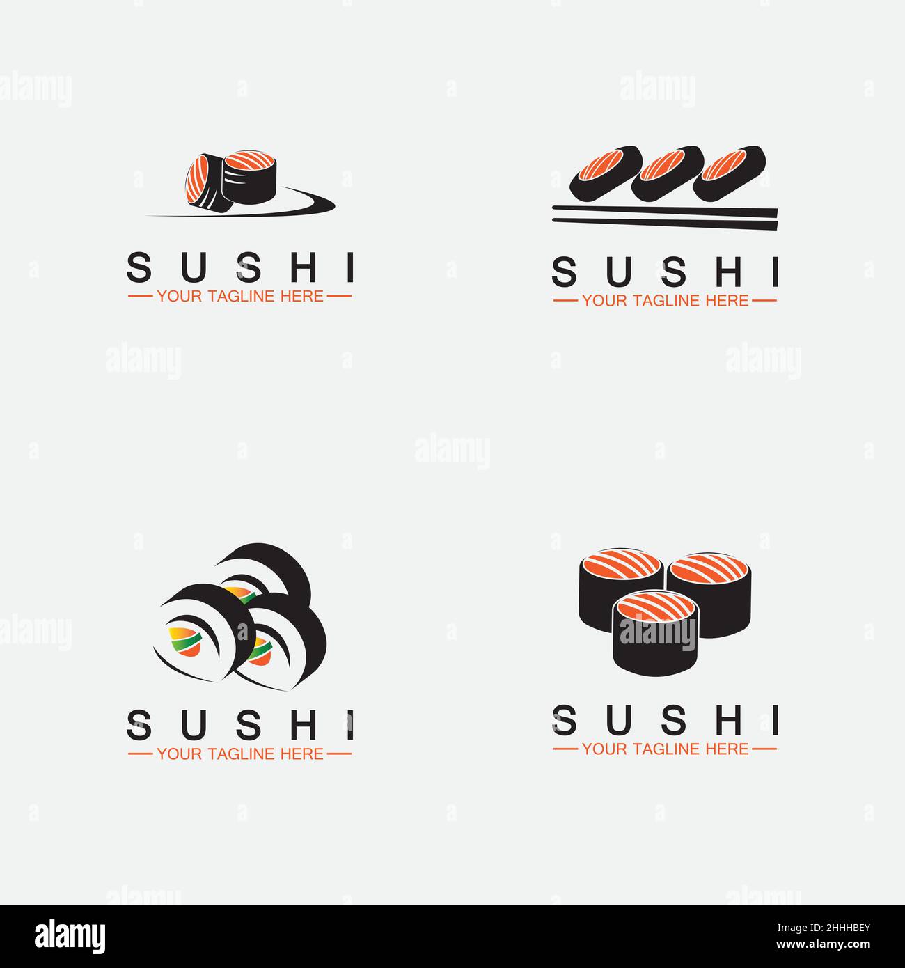Set Sushi logo template.Vector Icon Style Illustration Bar or Shop, Sushi,Salmon Roll,Sushi and rolls with chopstick bar or restaurant vector logo tem Stock Vector