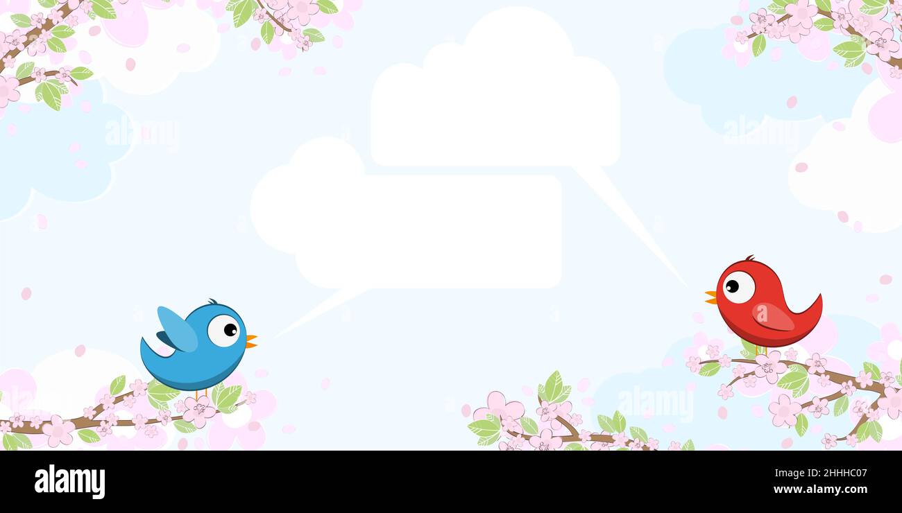 eps vector file with red and blue colored birds in love, sitting on branches with blossoms and green leaves in spring time, talking with speech bubble Stock Vector
