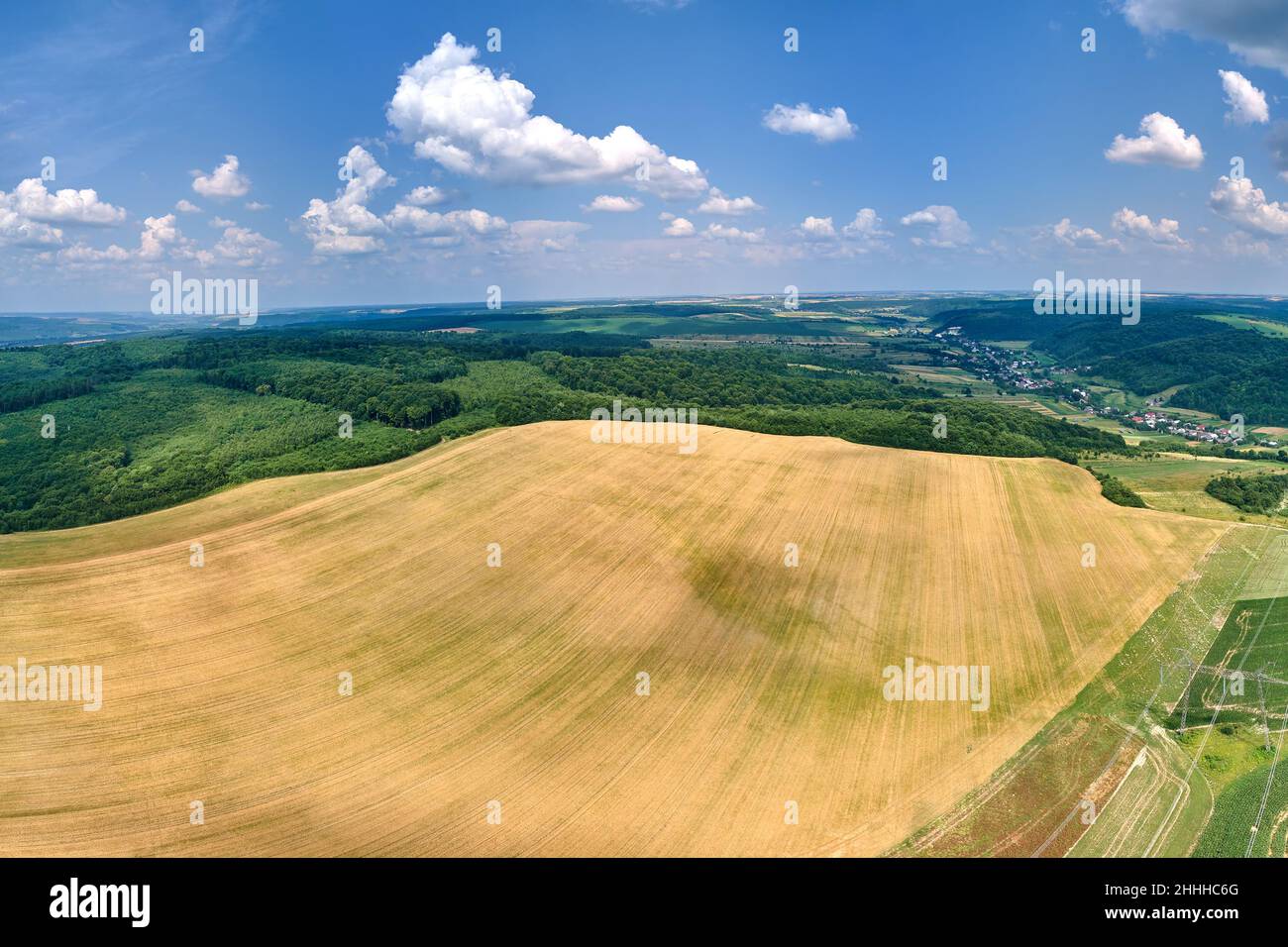 Aerial landscape view of yellow cultivated agricultural fields with ...