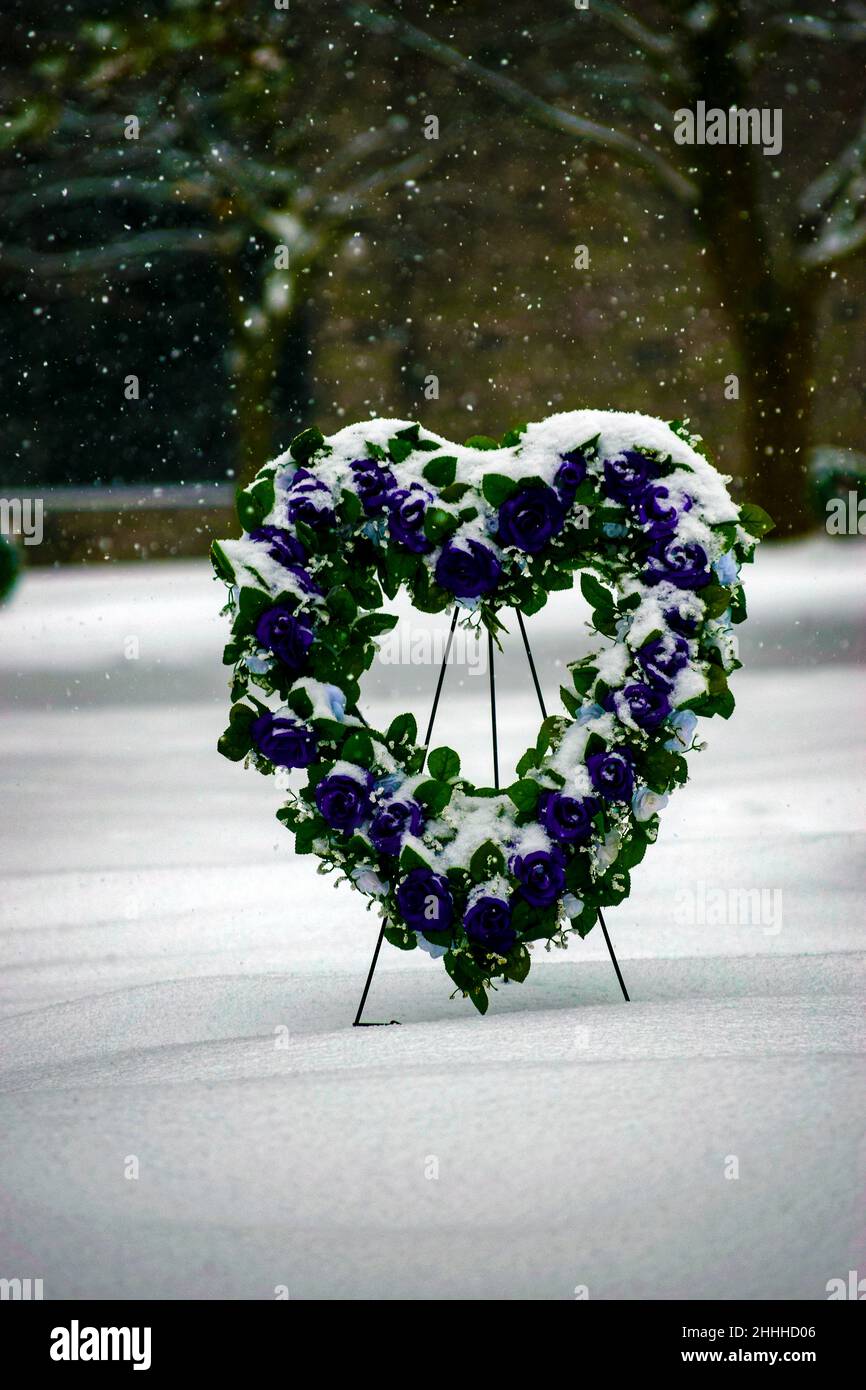 A heart shaped flower bouquet in winter brings warmth into out heart during cold winter days and Valentine Stock Photo