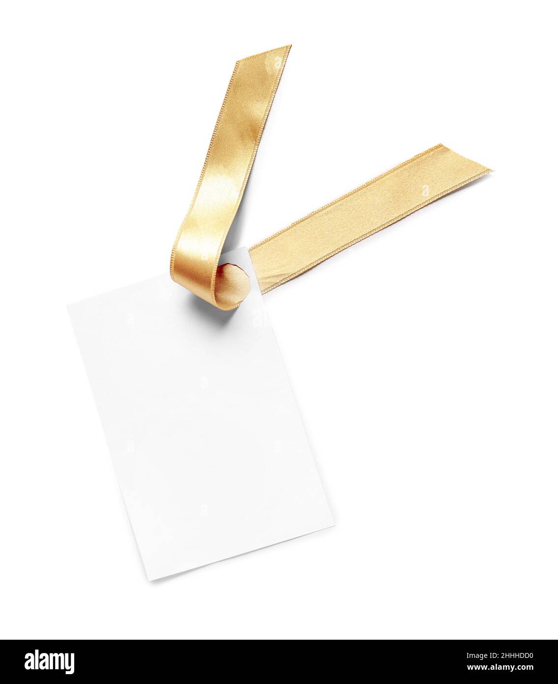 Golden ribbon with blank card on white background Stock Photo - Alamy