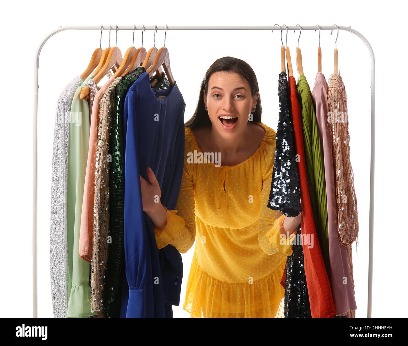 She Has A Rack Emotional woman and rack with different dresses on white background ...