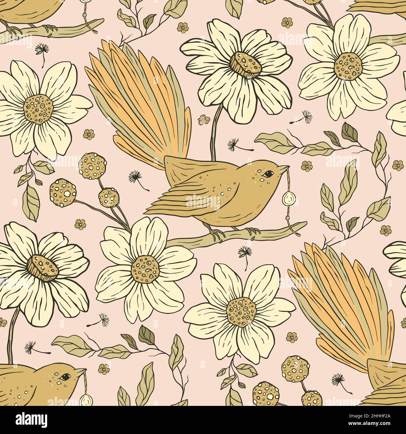 Vintage aesthetic bird boho floral seamless pattern with daisy flower Stock Vector