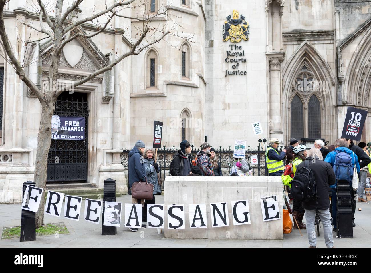 A banner saying 'Free Assange' seen fixed across a bench outside the Royal  Courts of Justice.The UK High Court granted permission that Julian Assange  can bring his appeal to the UK Supreme