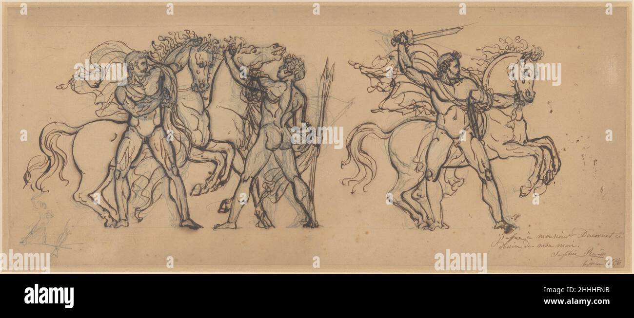 Three Warriors and Their Horses, Study for a Bas Relief Sculpture in the Chateau de Tervueren first half 19th century François Rude French. Three Warriors and Their Horses, Study for a Bas Relief Sculpture in the Chateau de Tervueren. François Rude (French, Dijon 1784–1855 Paris). first half 19th century. Pen and brown ink over graphite with touches of black chalk. Drawings Stock Photo