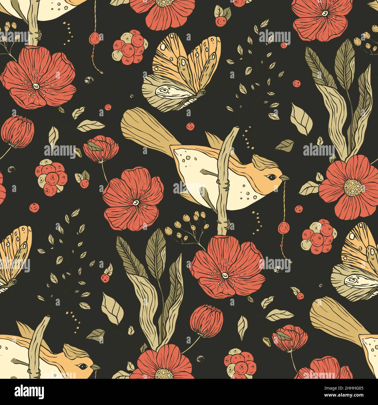 Vintage bird and butterfly boho rose poppy floral seamless pattern Stock Vector