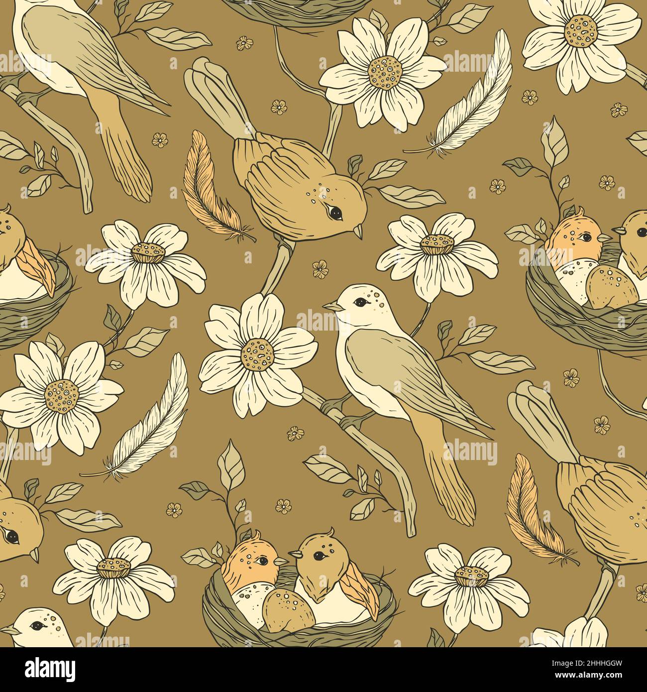 Vintage bird boho floral seamless pattern design  Stock Vector