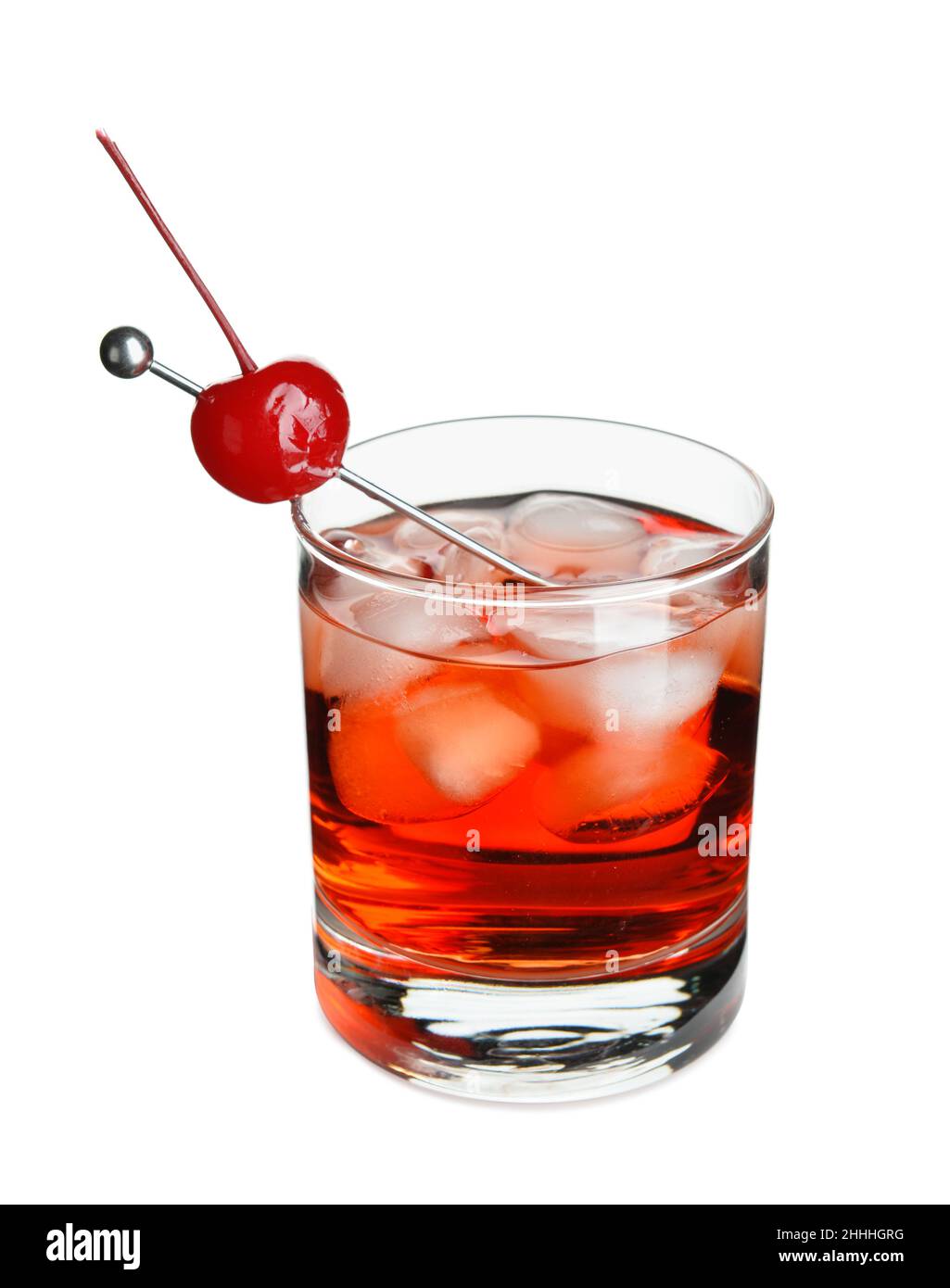 Glass of Manhattan cocktail with cherry and ice on white background Stock Photo Alamy