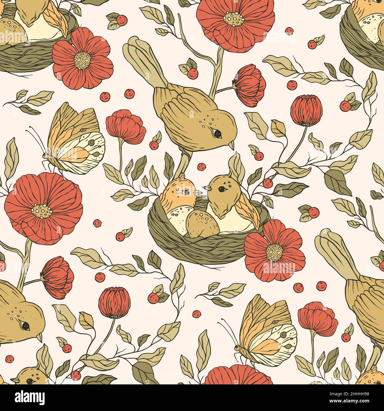 Vintage aesthetic bird boho floral seamless pattern with flower and nest Stock Vector