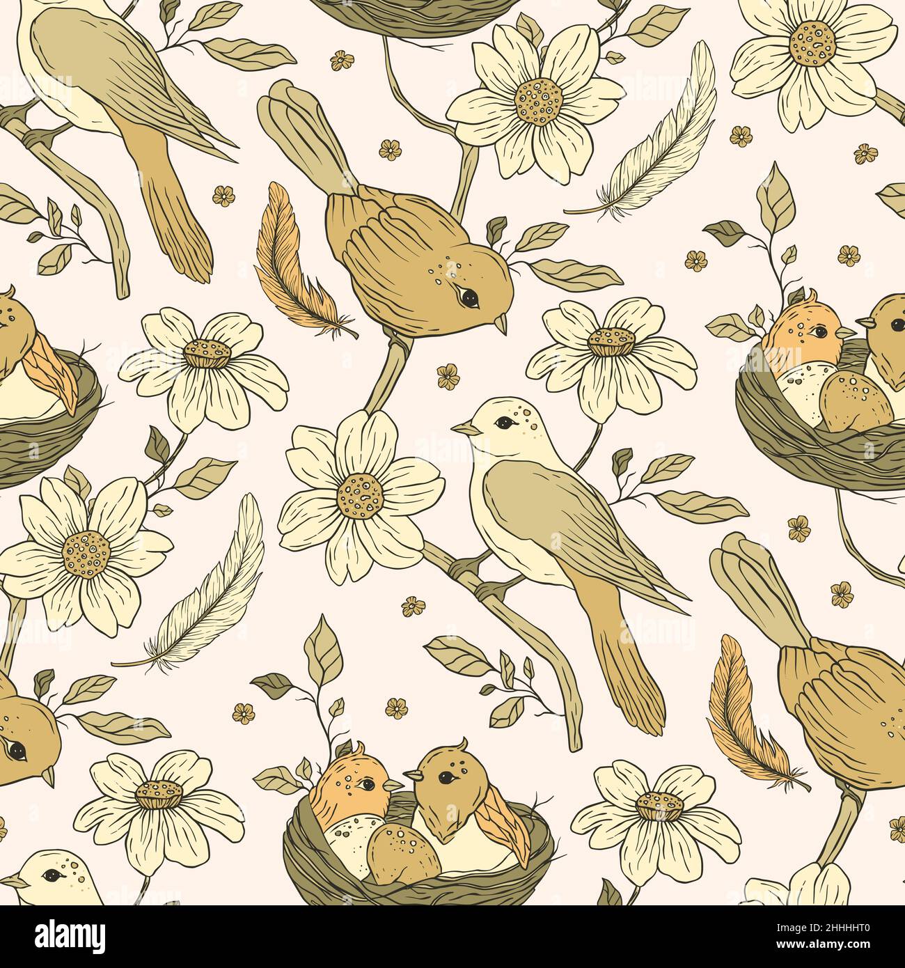 Vintage aesthetic bird nest boho floral seamless pattern with flower Stock Vector
