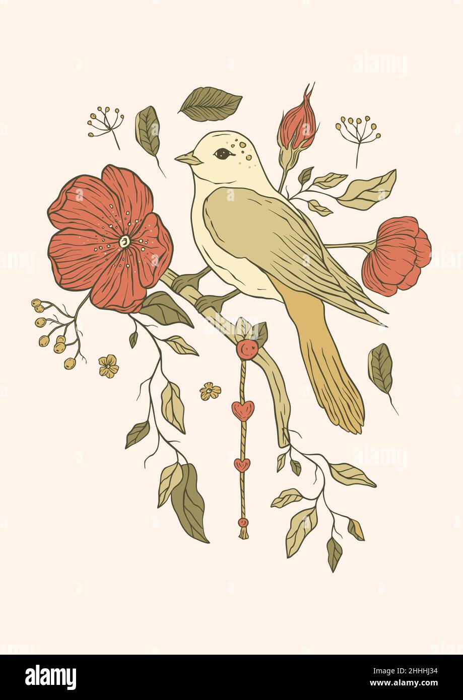 Printable Vintage Bird and Roses Stationary or Background Stock