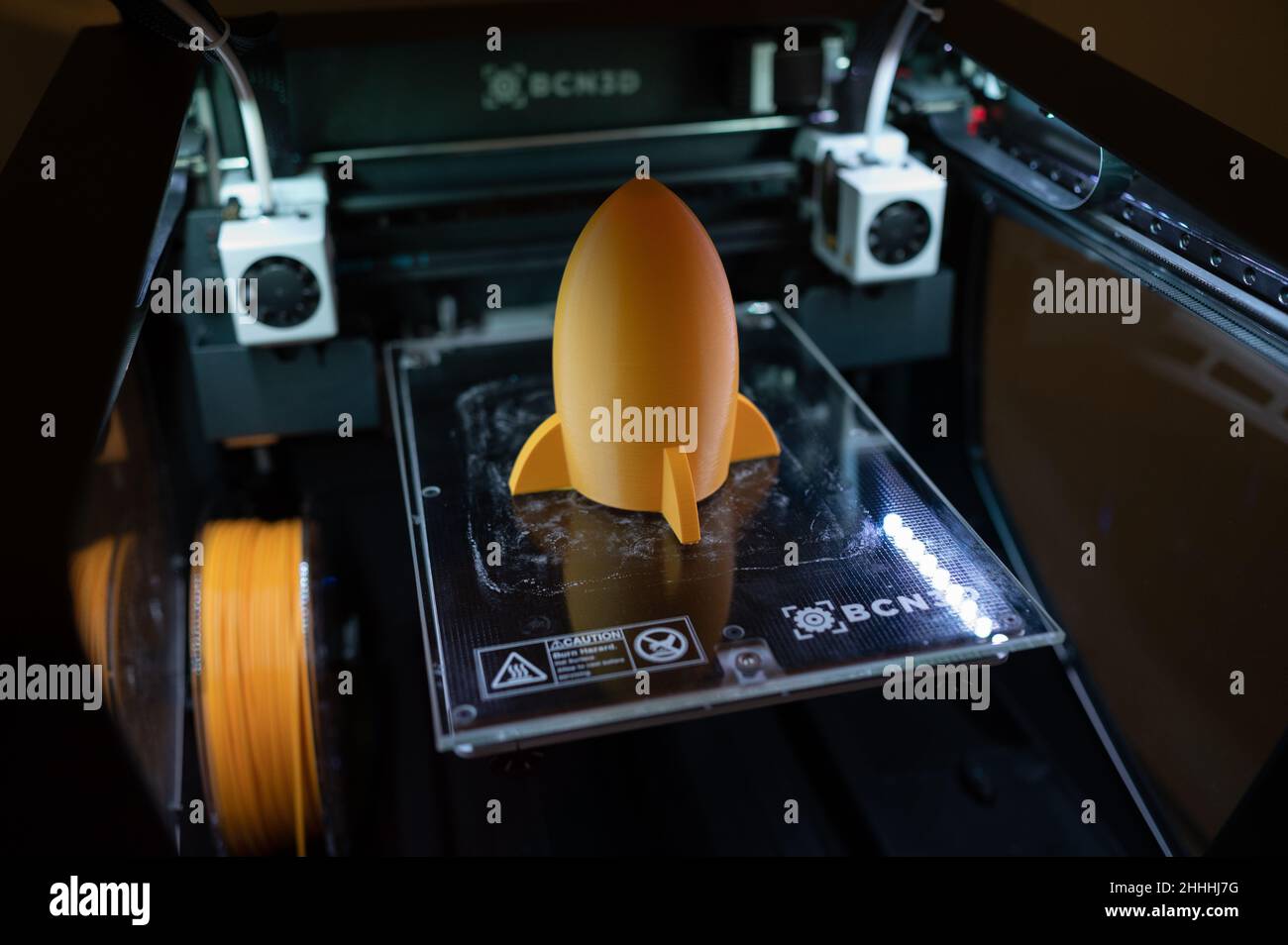 Rocket model representing printing in Space.   Print3D itinerary exhibition about the numerous uses of 3D printing, including health, fashion and cons Stock Photo