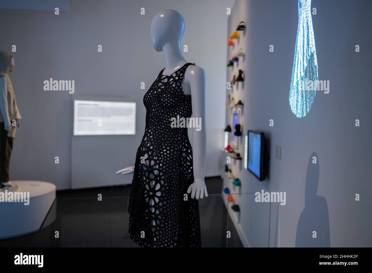 3D fashion printing.    Print3D itinerary exhibition about the numerous uses of 3D printing, including health, fashion and construction, among others. Stock Photo