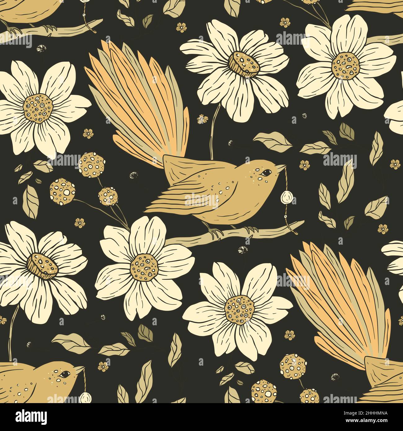 Vintage bird boho floral seamless pattern and daisy flower Stock Vector