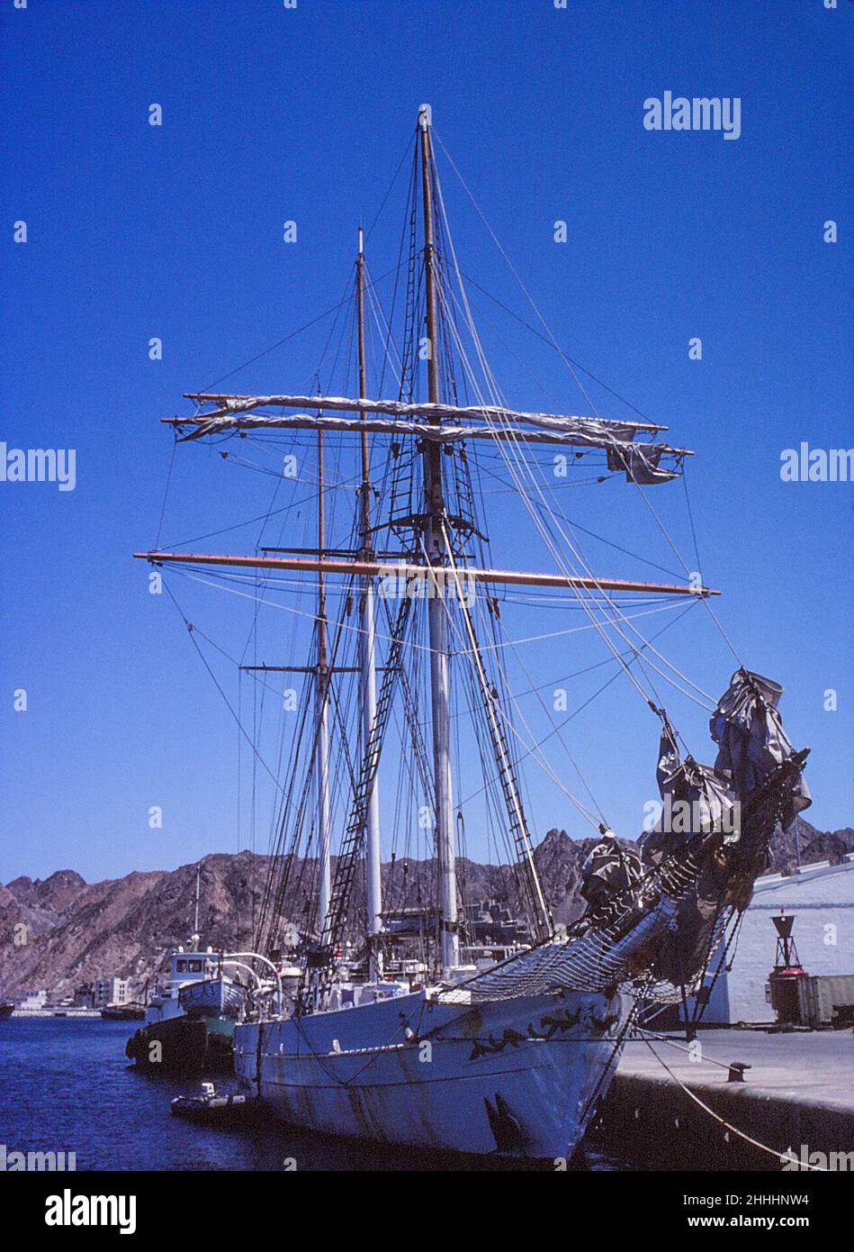 Schooner built in Scotland, originally 'Captain Scott'. Sold to Oman in 1977 and renamed 'Shabab Oman'. In Muscat, May 1978 Stock Photo