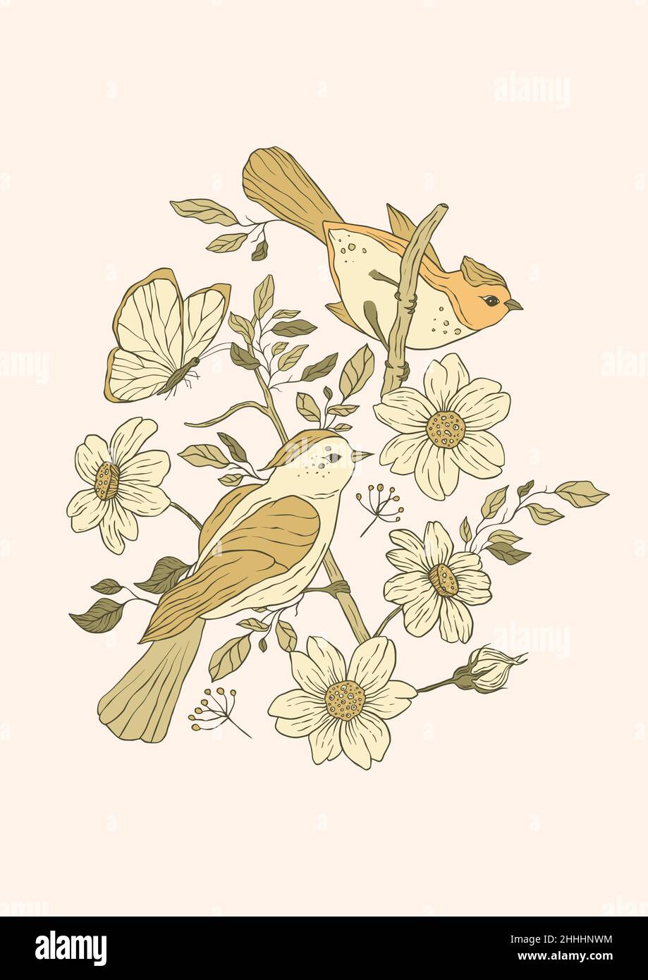 Vintage bird, butterfly and daisy flowers printable poster Stock Vector ...