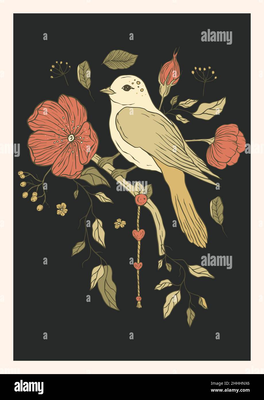 Vintage bird and rose poppy flowers printable poster Stock Vector Image ...
