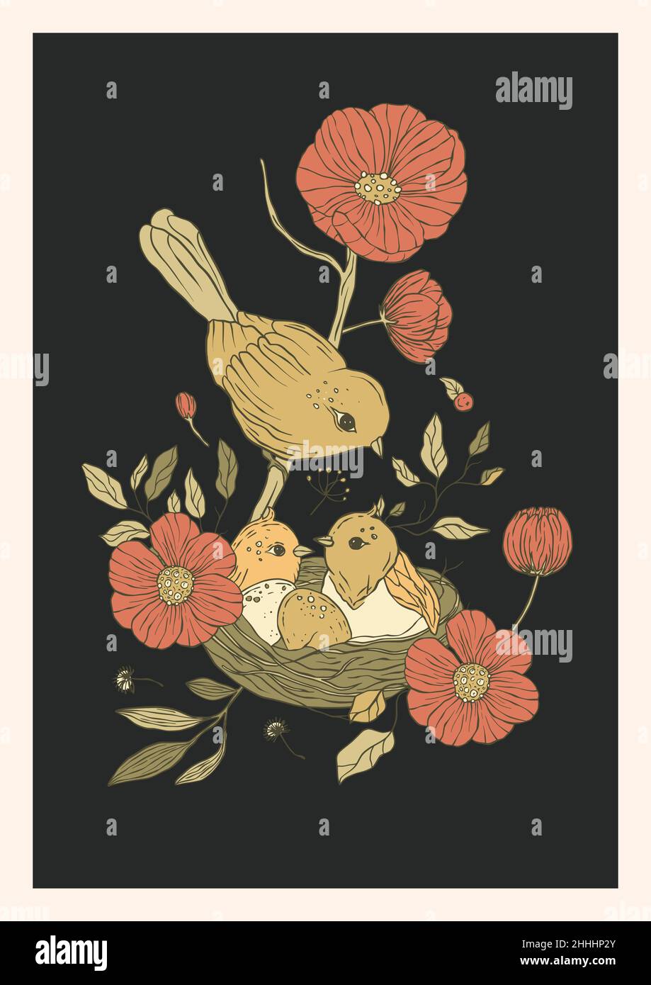 Vintage bird nest and rose poppy flowers printable poster Stock Vector ...