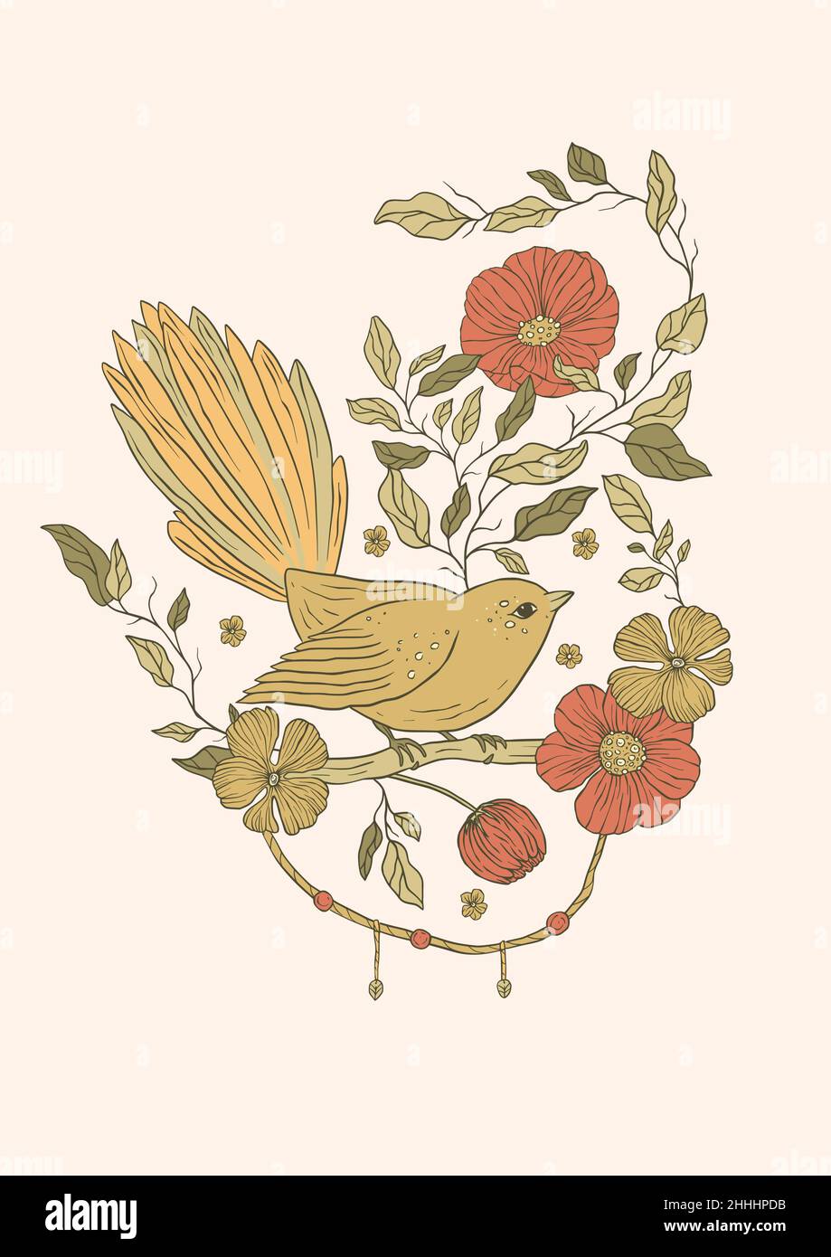 Vintage bird and rose poppy flowers printable poster Stock Vector Image ...