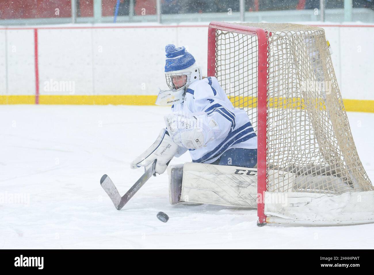 Jamestown Blue Jay goalie Olivia Sorlie (1) keeps and eye on the puck during the 3rd annual Hockey Day North Dakota outdoor hockey event in Jamestown, ND. Youth, high school and college hockey teams from around North Dakota competed over two days. By Russell Hons/CSM Stock Photo