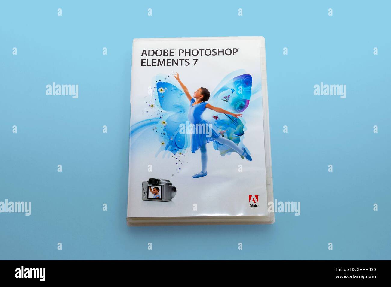 Victorville, CA, USA – January  12, 2022: CD package case for Adobe Photoshop Elements 7 for Windows. Stock Photo