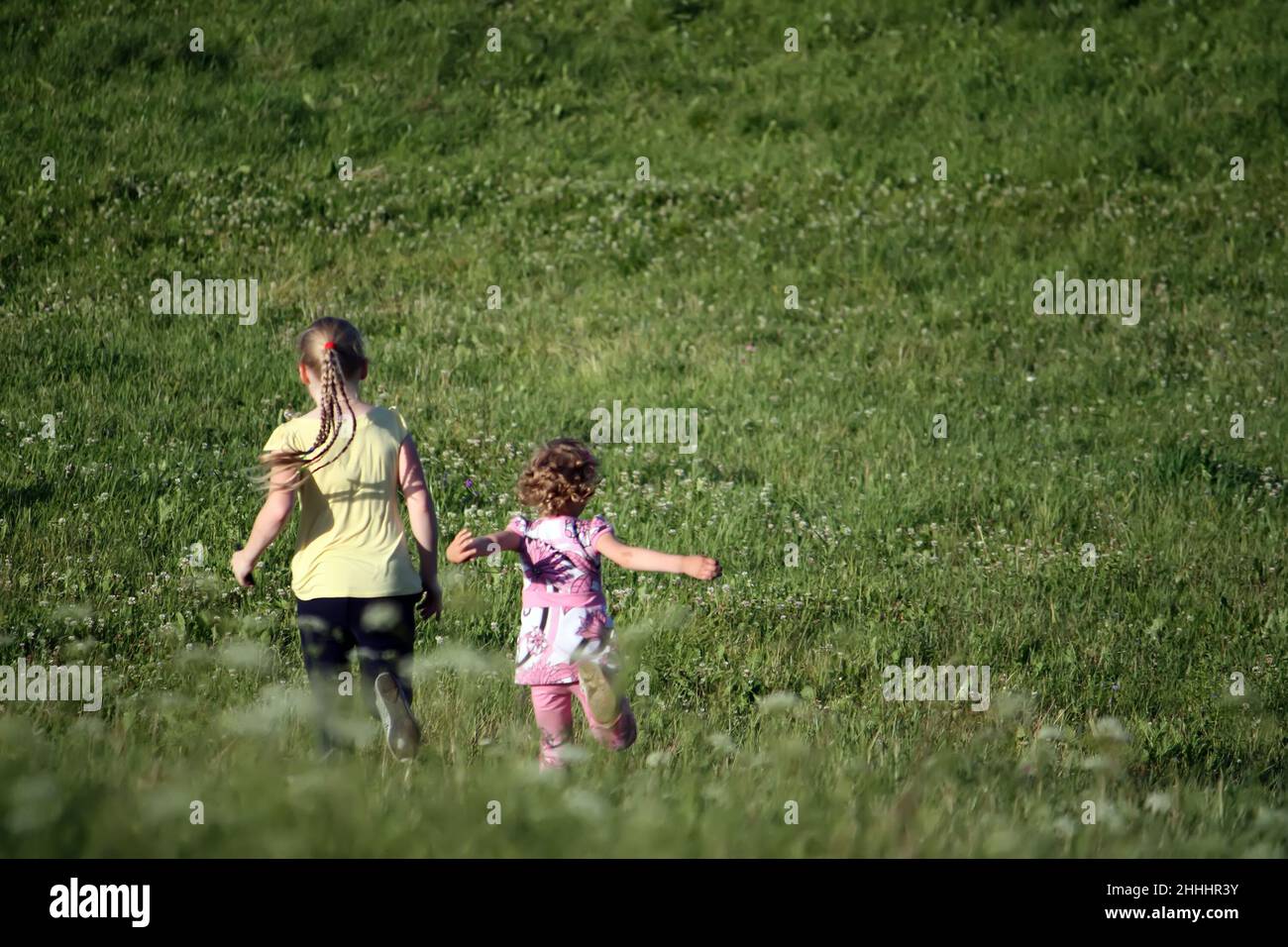 Two cute little girls walking on the lawn at summer Stock Photo - Alamy
