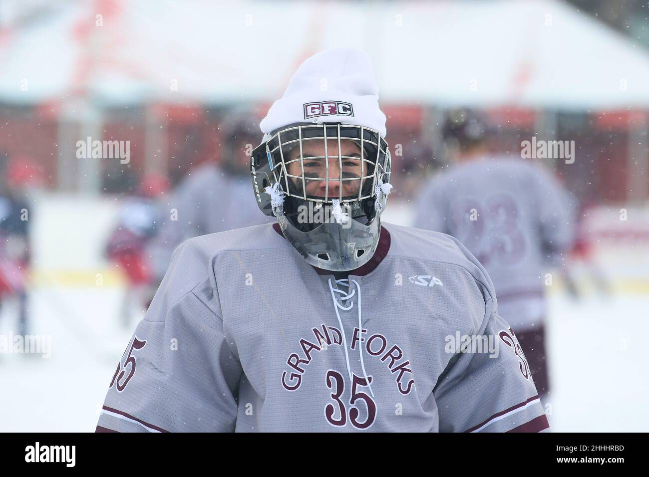 Grand Forks Central Knights goaltender Jaxon Washburn (35) skates in warmups before there game at the 3rd annual Hockey Day North Dakota outdoor hockey event in Jamestown, ND. Youth, high school and college hockey teams from around North Dakota competed over two days. By Russell Hons/CSM Stock Photo