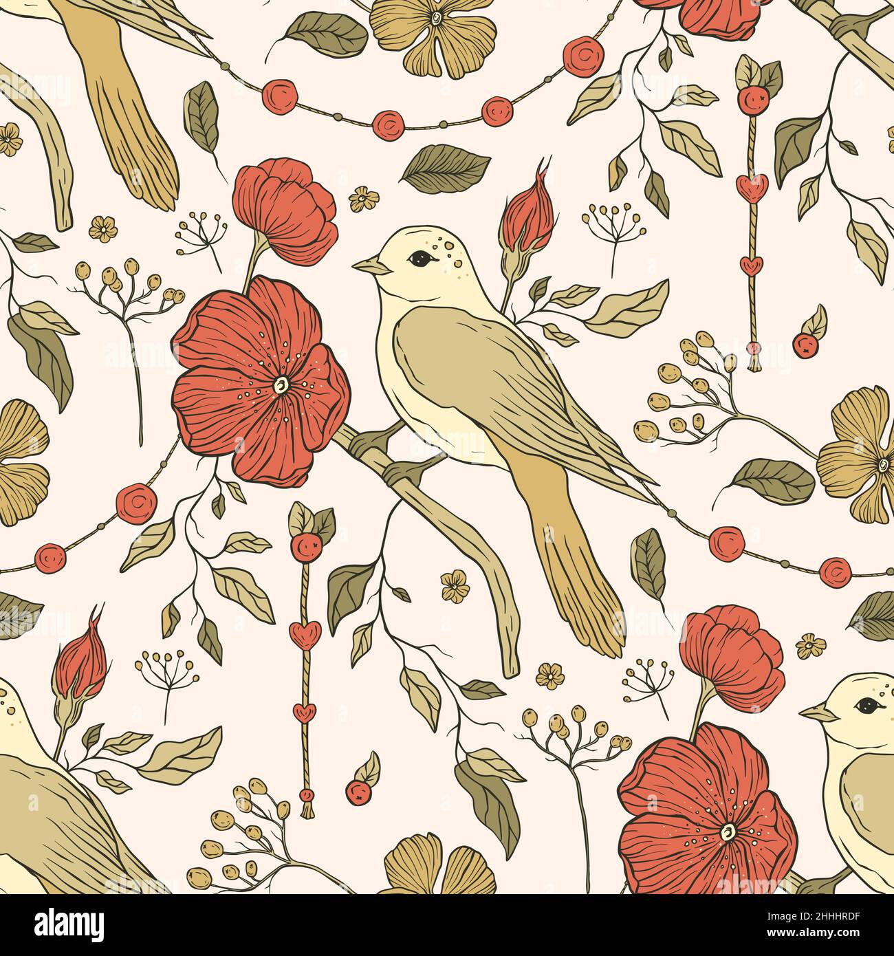 Vintage aesthetic bird boho floral seamless pattern with rose flower Stock Vector