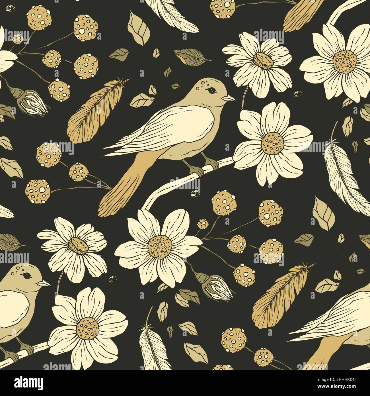 Vintage bird boho floral seamless pattern and daisy flower Stock Vector