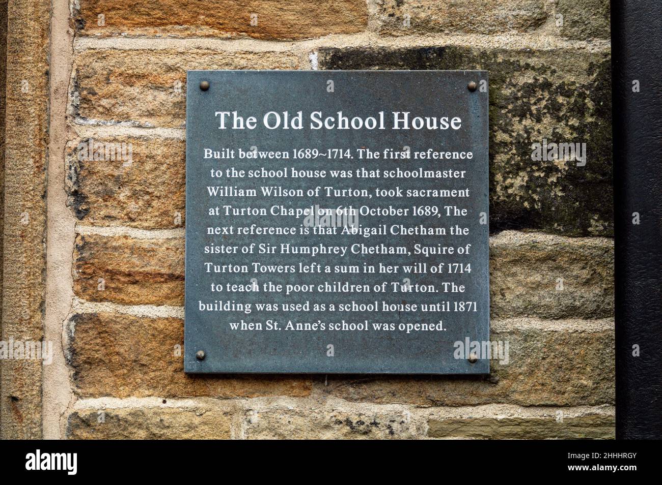 The Old School House plaque. Chaplettown, Turton, Lancashire. Stock Photo