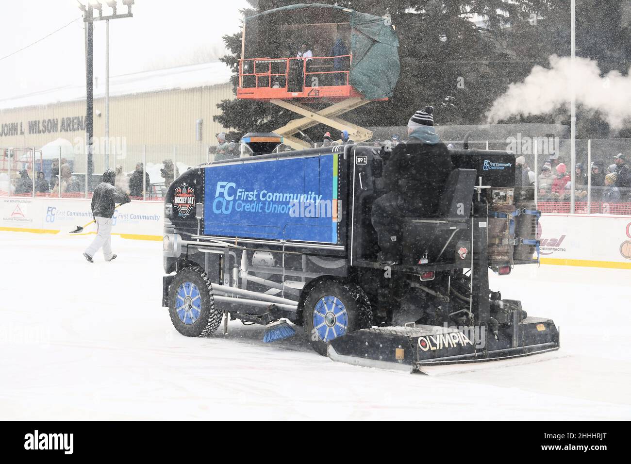 A Zambonni clears the ice between games at the 3rd annual Hockey Day North Dakota outdoor hockey event in Jamestown, ND. Youth, high school and college hockey teams from around North Dakota competed over two days. By Russell Hons/CSM Stock Photo