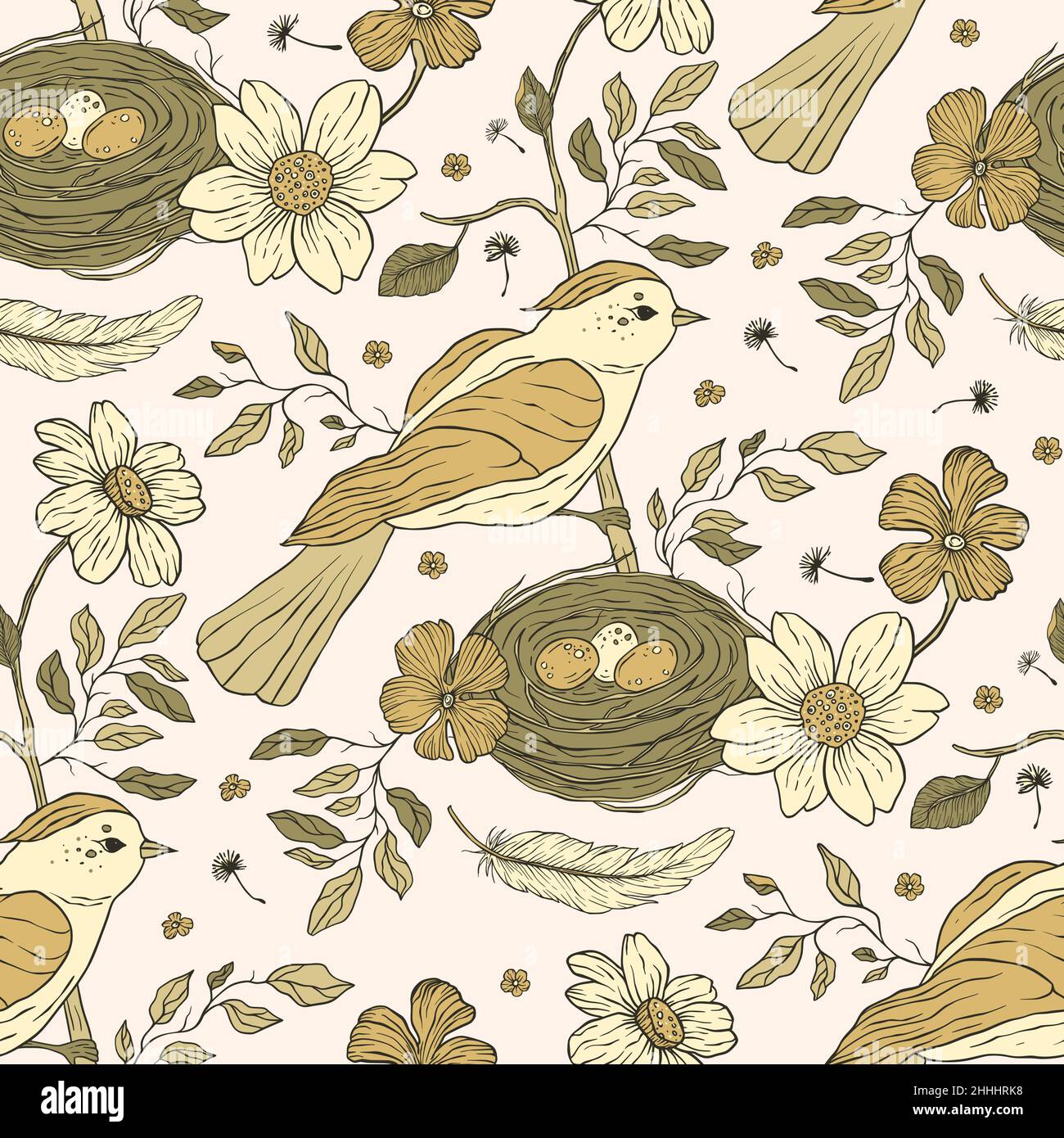 Vintage aesthetic bird nest boho floral seamless pattern with flower Stock Vector