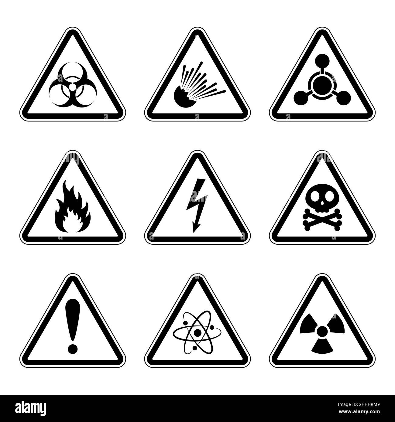 Set of warning danger signs, isolated on white background. Vector illustration. Set of triangular warning hazard signs. Stock Vector