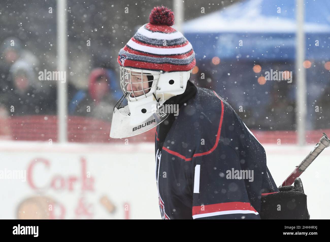 Bismarck Century Patriots goalie Kaden Jangula (1) looks on during the 3rd annual Hockey Day North Dakota outdoor hockey event in Jamestown, ND. Youth, high school and college hockey teams from around North Dakota competed over two days. By Russell Hons/CSM Stock Photo