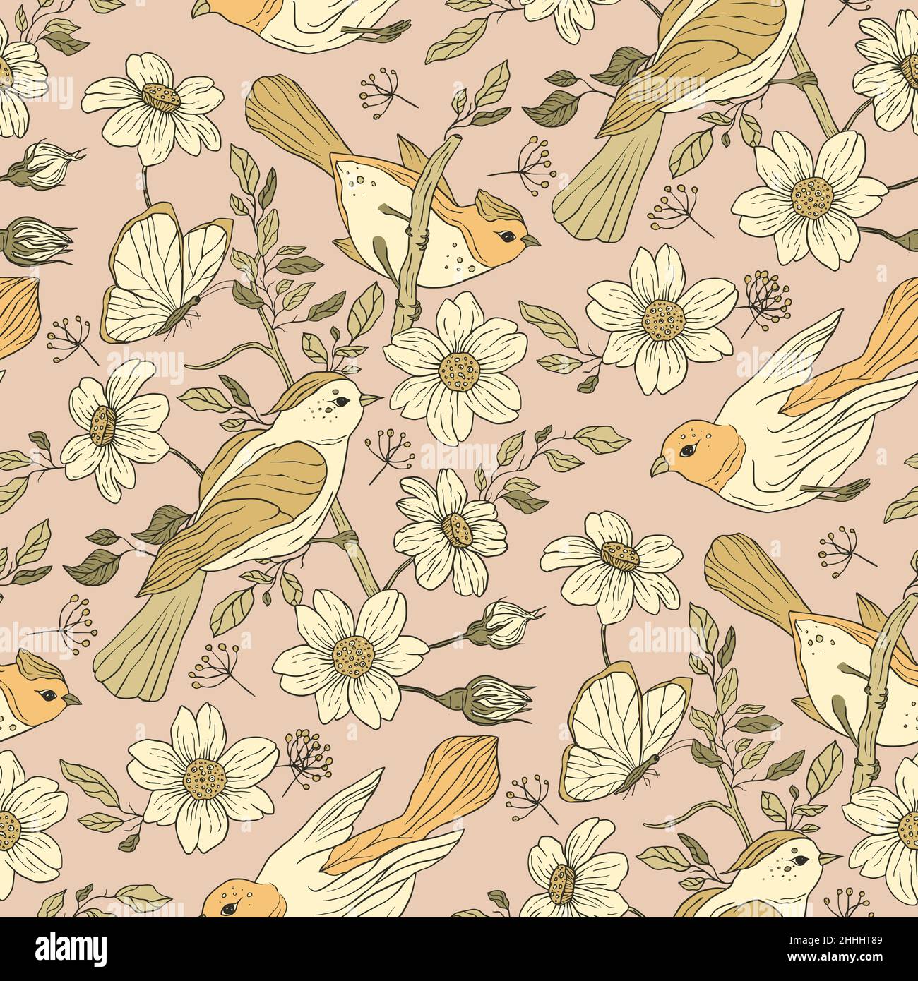 Vintage bird and butterfly boho floral seamless pattern Stock Vector