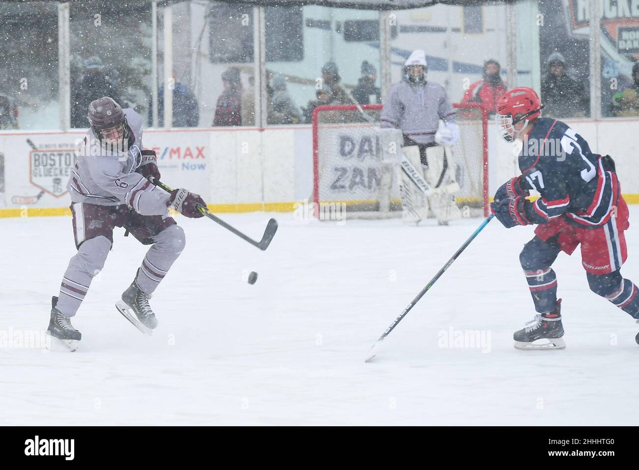 Grand Forks Central Knights skater Kyle Fulton (6) passes the puck up the ice during the 3rd annual Hockey Day North Dakota outdoor hockey event in Jamestown, ND. Youth, high school and college hockey teams from around North Dakota competed over two days. By Russell Hons/CSM Stock Photo