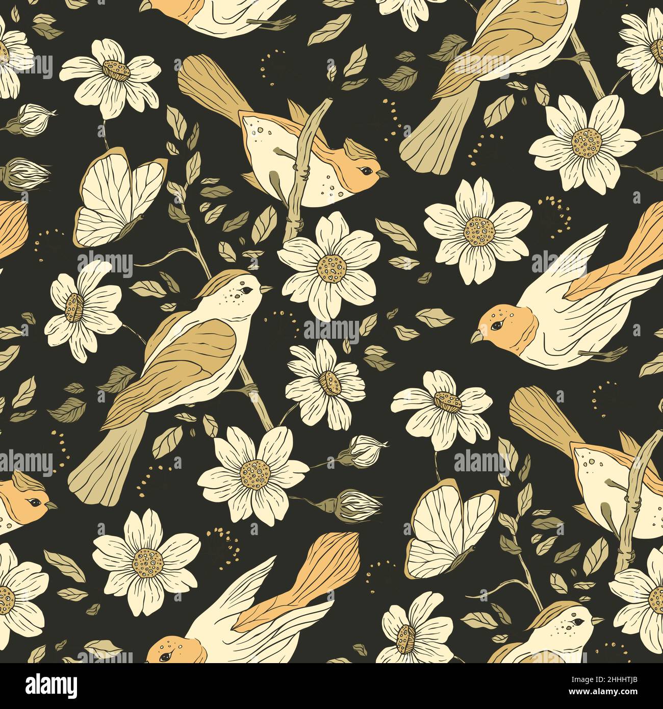 Vintage bird and butterfly boho floral seamless pattern with daisy flower Stock Vector