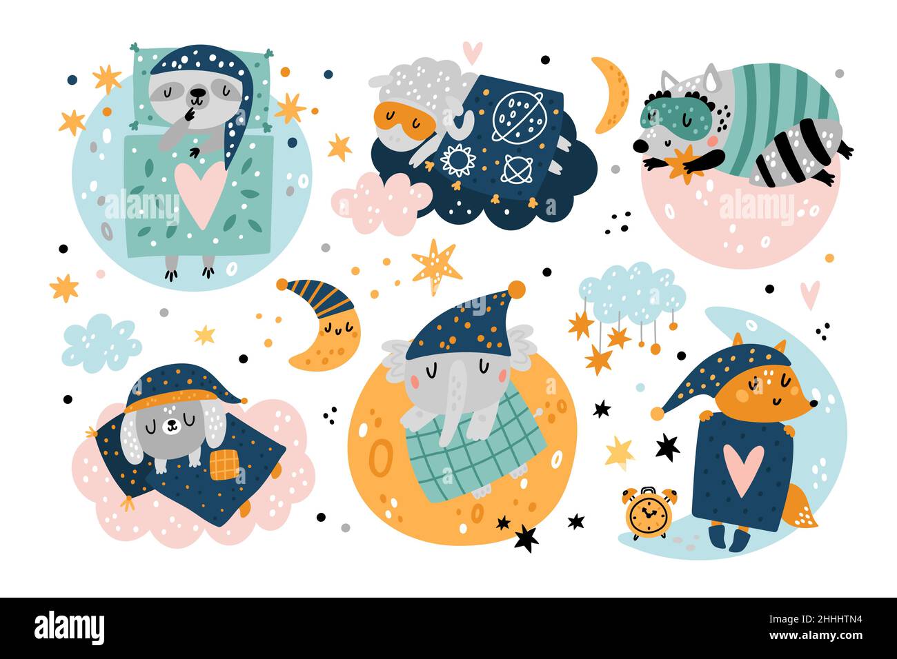 Sleepy cute animals. Baby cartoon creatures dreaming in beds. Woodland