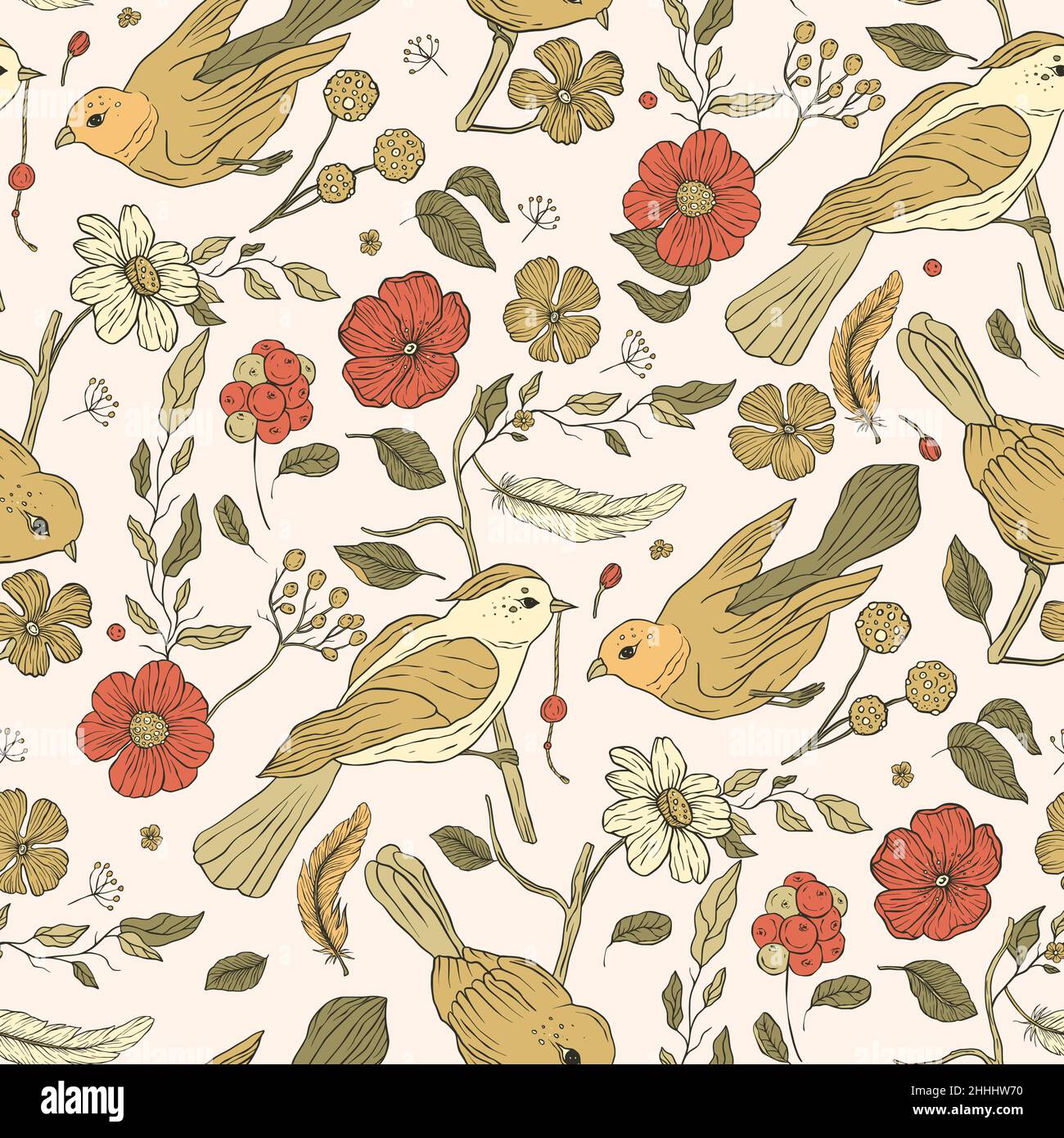 Vintage aesthetic bird boho floral seamless pattern with flower Stock Vector