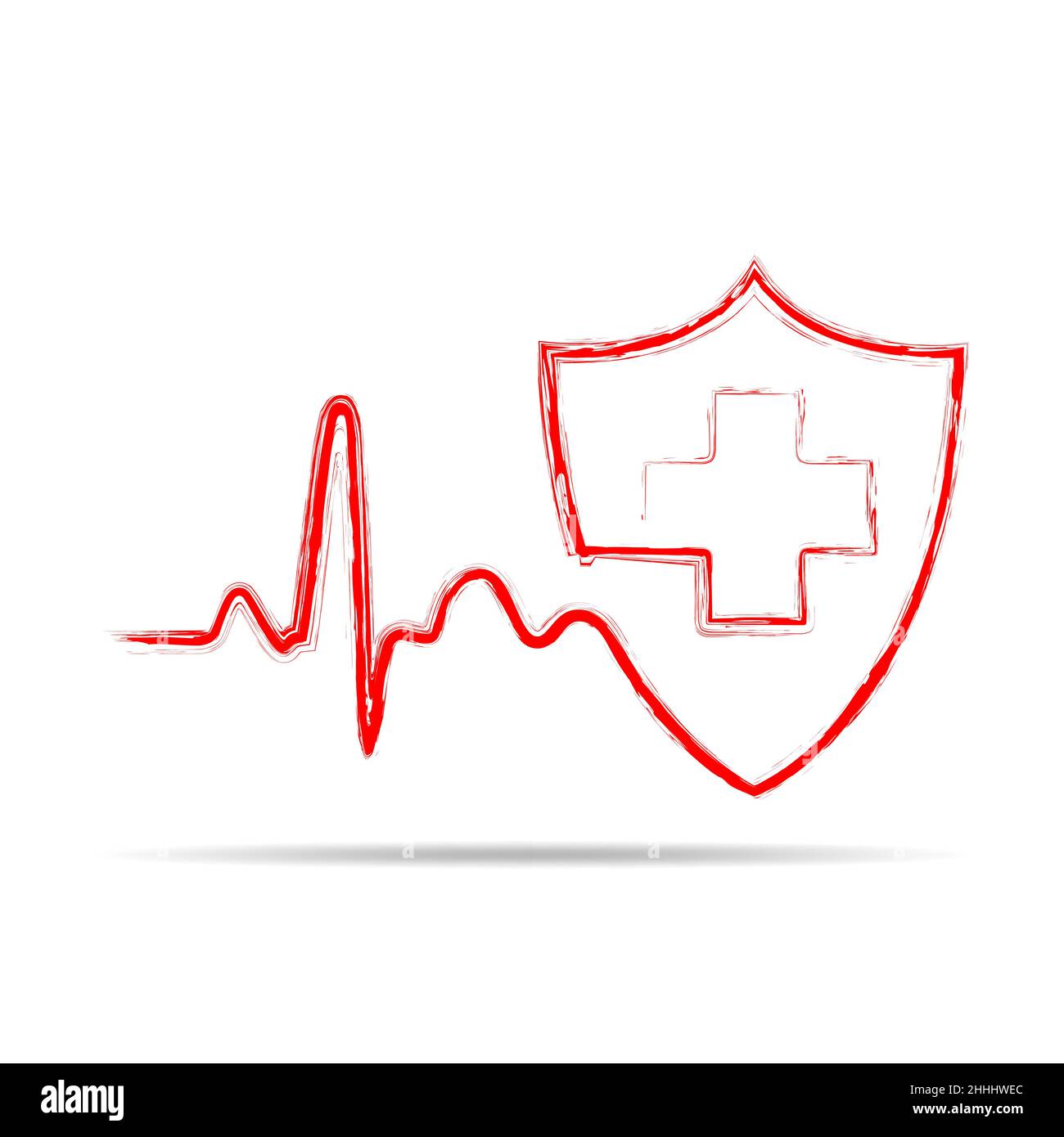 Hand-drawn shield icon with heartbeat sign and medical cross. Vector ...