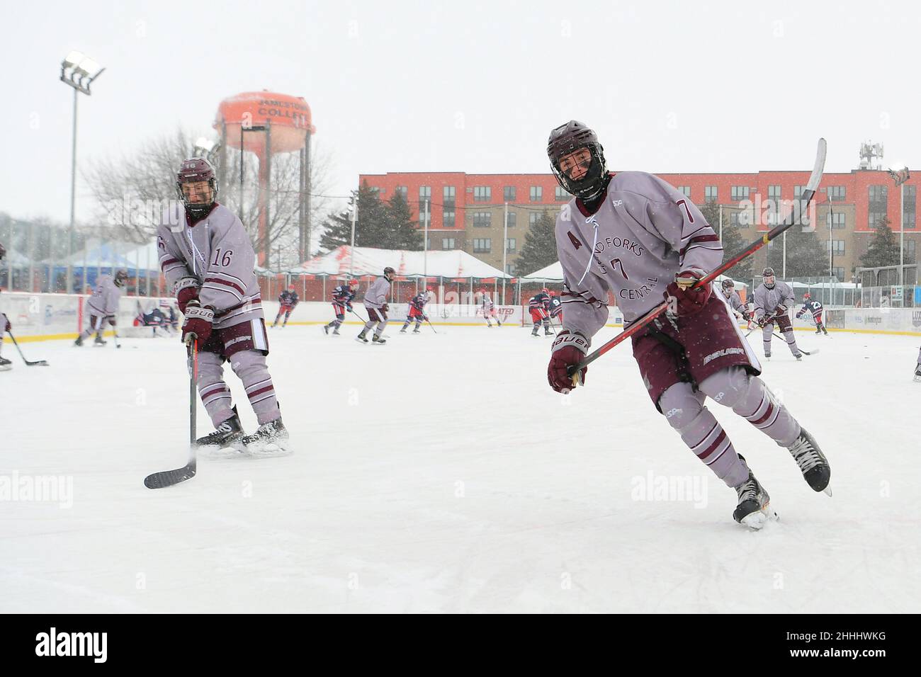 Grand Forks Central Knight skater Connor Litzinger (7) warms up before their game against the Bismarck Century Patriots during the 3rd annual Hockey Day North Dakota outdoor hockey event in Jamestown, ND. Youth, high school and college hockey teams from around North Dakota competed over two days. By Russell Hons/CSM Stock Photo