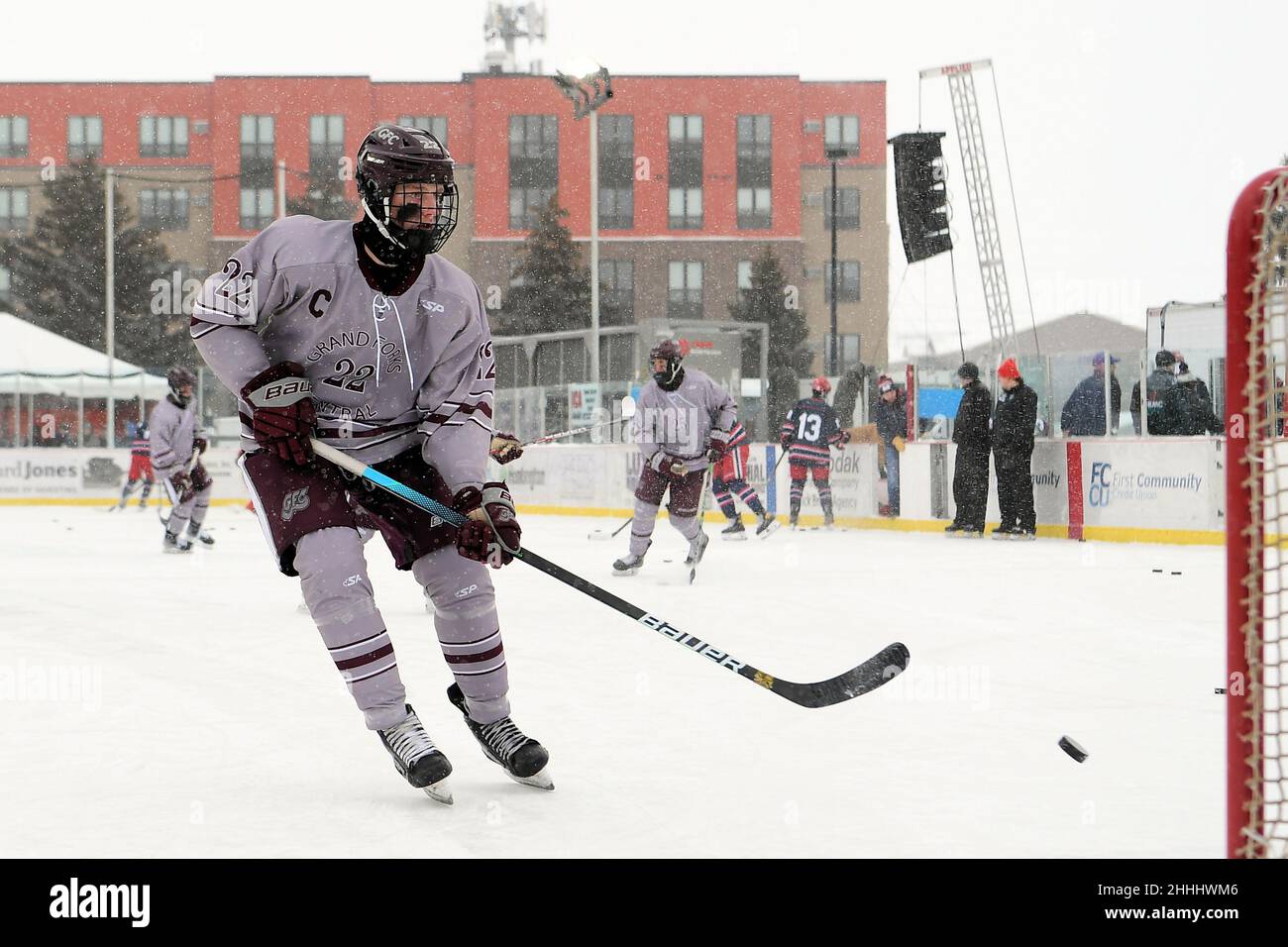 Grand Forks Central Knight skater Dillon Kuntz (22) warms up before their game against the Bismarck Century Patriots during the 3rd annual Hockey Day North Dakota outdoor hockey event in Jamestown, ND. Youth, high school and college hockey teams from around North Dakota competed over two days. By Russell Hons/CSM Stock Photo