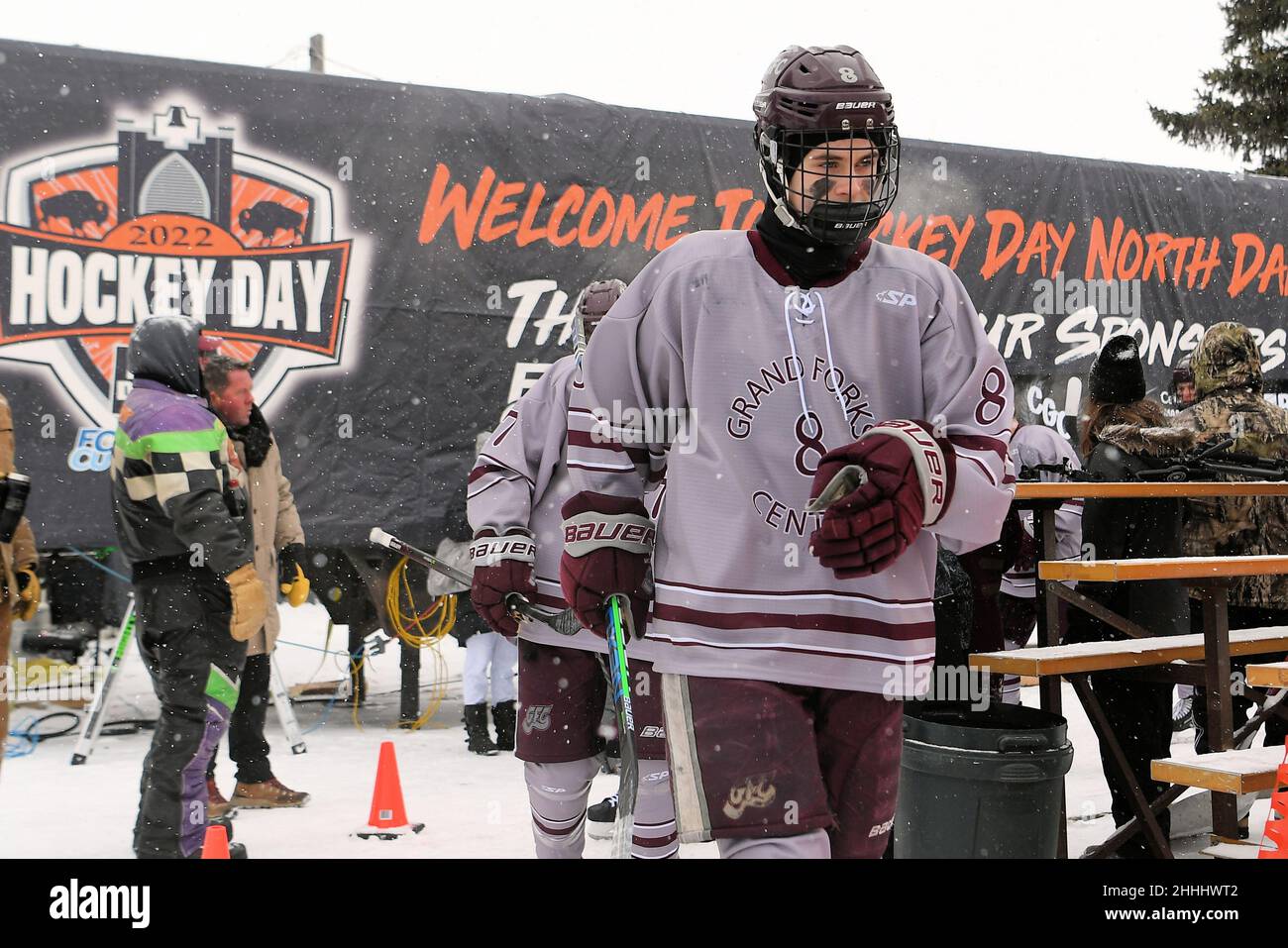 Grand Forks Central Knights skater Cade Lindseth (8) heads to the ice during the 3rd annual Hockey Day North Dakota outdoor hockey event in Jamestown, ND. Youth, high school and college hockey teams from around North Dakota competed over two days. By Russell Hons/CSM Stock Photo