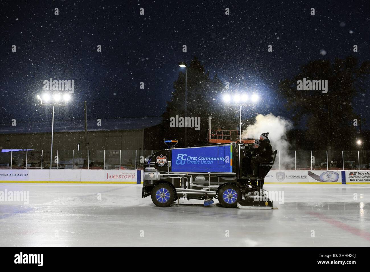 A Zambonni cleans the ice during the 3rd annual Hockey Day North Dakota outdoor hockey event in Jamestown, ND. Youth, high school and college hockey teams from around North Dakota competed over two days. By Russell Hons/CSM Stock Photo