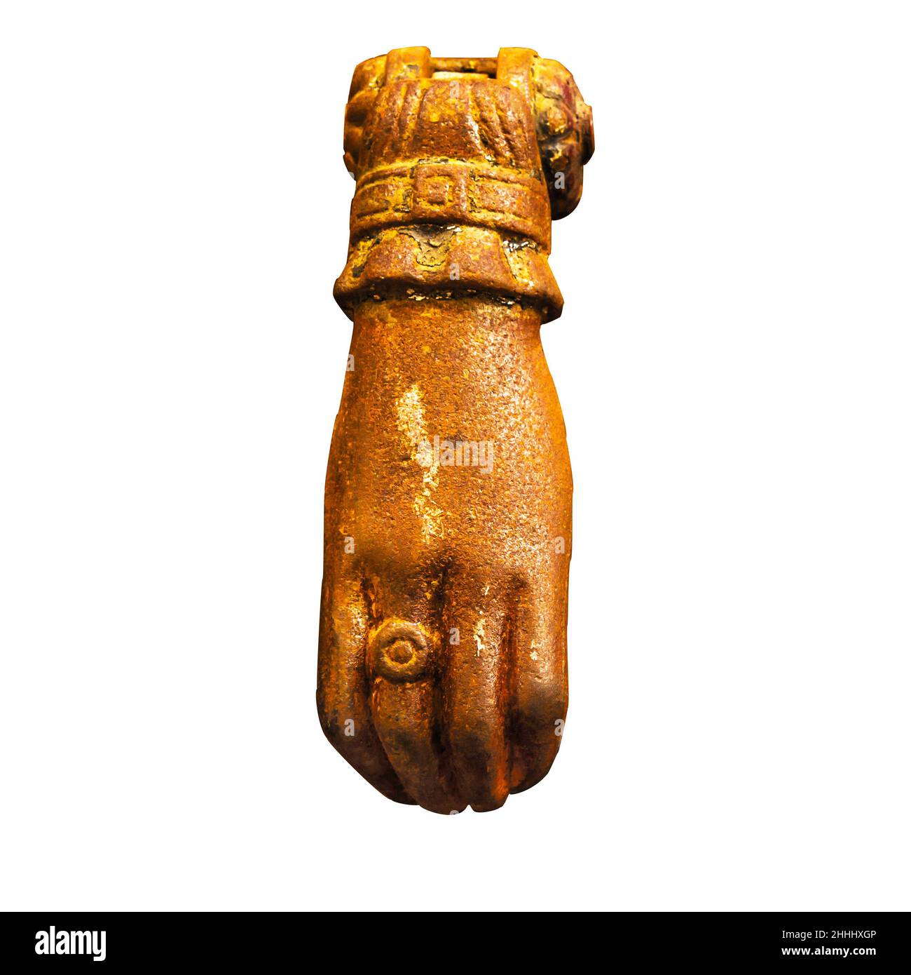 Original brass knocker in the shape of a hand, knocker isolated on white background Stock Photo